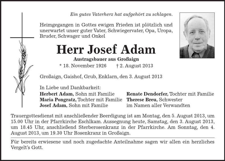 Traueranzeige Josef Adam