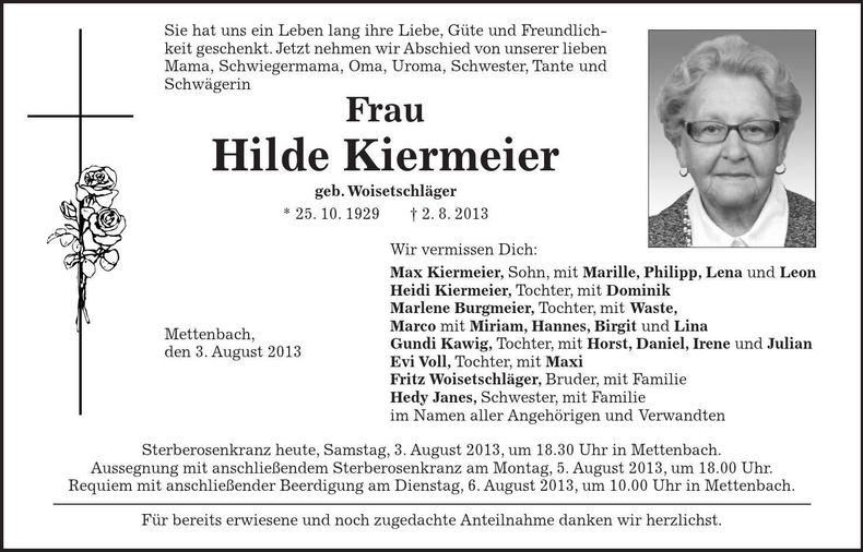 Traueranzeige Hilde Kiermeier