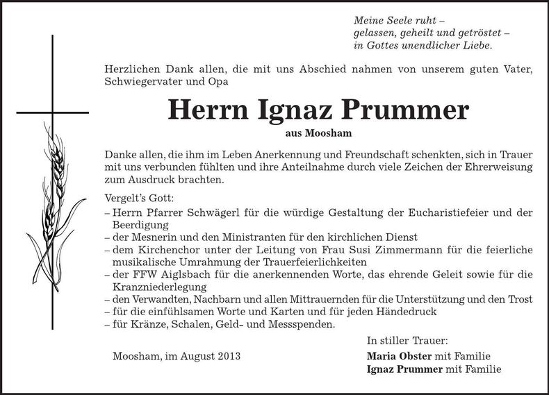 Traueranzeige Ignaz Prummer