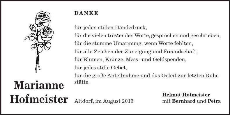 Traueranzeige Marianne Hofmeister