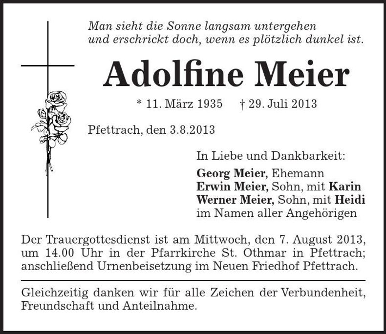 Traueranzeige Adolfine Meier
