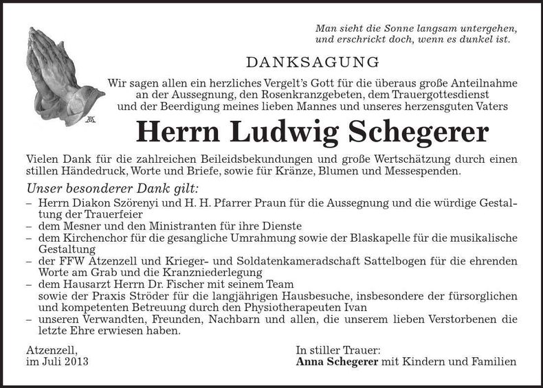 Traueranzeige Ludwig Schegerer