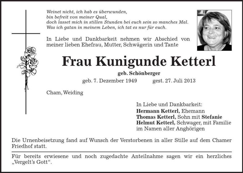 Traueranzeige Kunigunde Ketterl