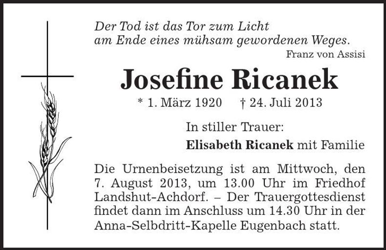 Traueranzeige Josefine Ricanek