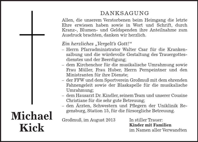 Traueranzeige Michael Kick