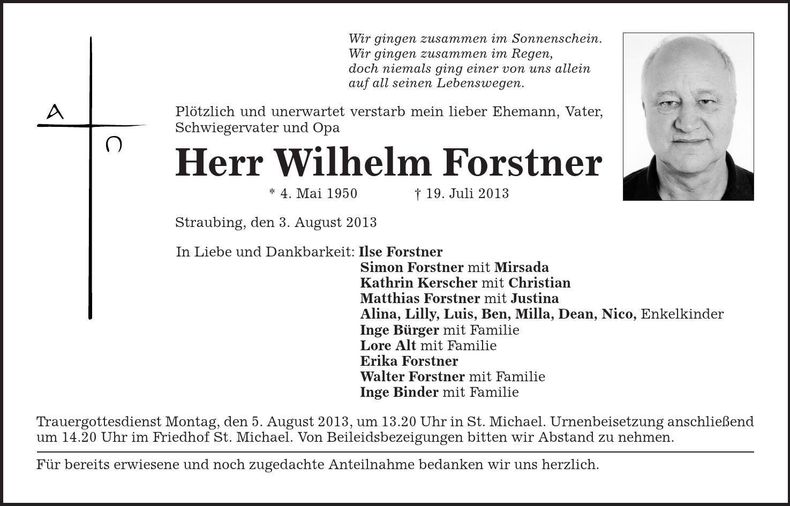 Traueranzeige Wilhelm Forstner
