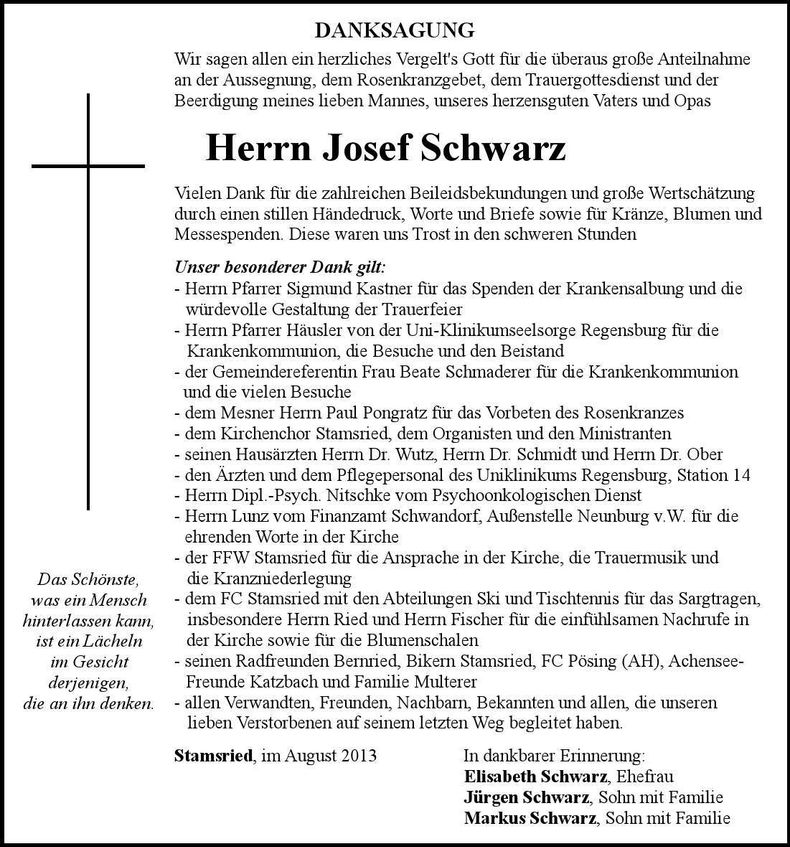 Traueranzeige Josef Schwarz