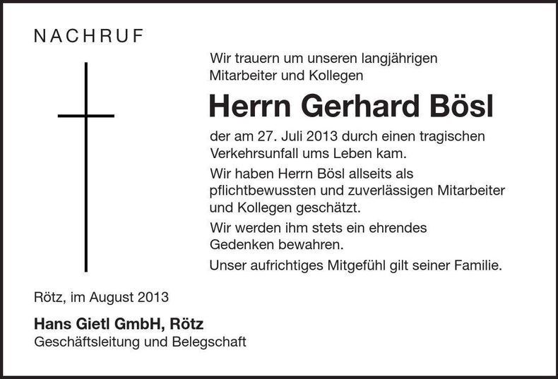 Traueranzeige Gerhard Bösl