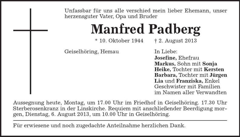 Traueranzeige Manfred Padberg