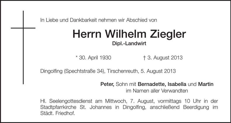 Traueranzeige Wilhelm Ziegler