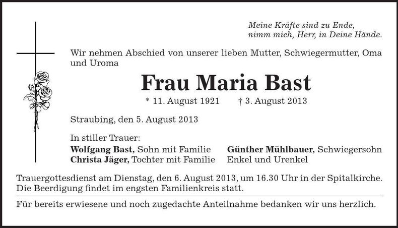 Traueranzeige Maria Bast