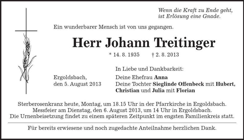 Traueranzeige Johann Treitinger