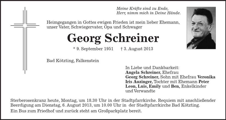 Traueranzeige Georg Schreiner
