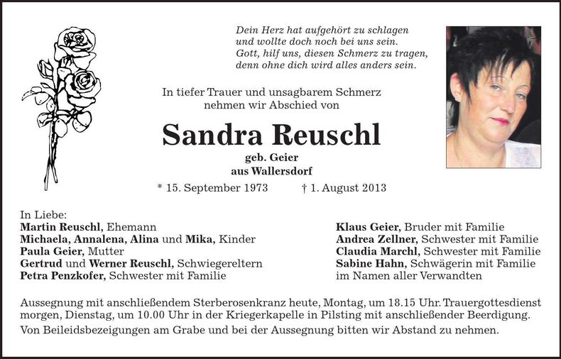 Traueranzeige Sandra Reuschl