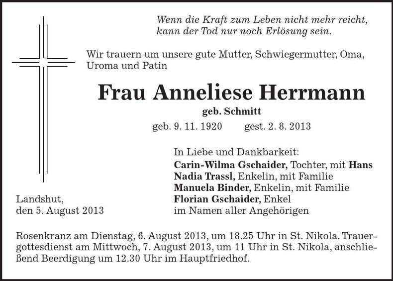 Traueranzeige Anneliese Herrmann