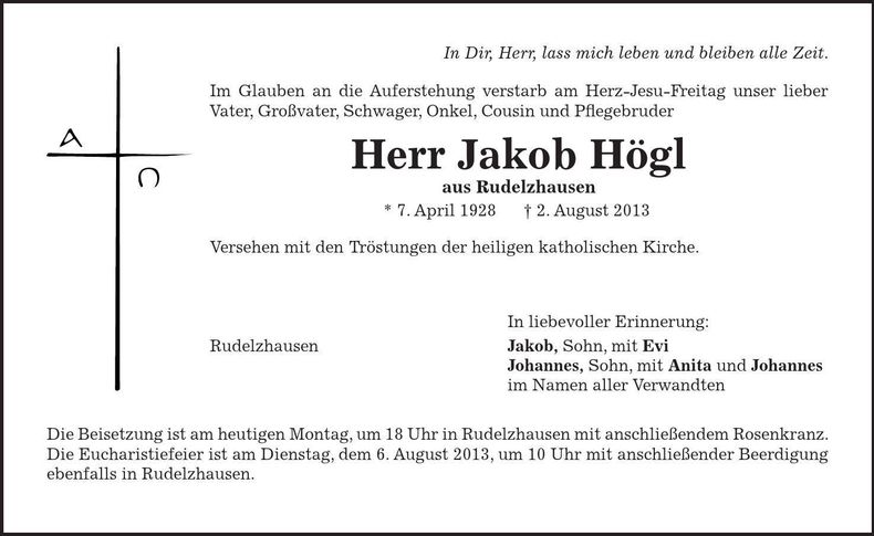 Traueranzeige Jakob Högl