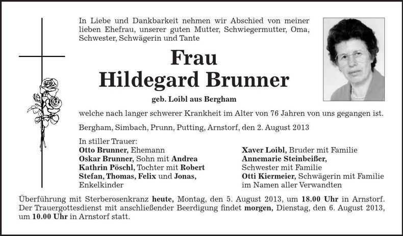 Traueranzeige Hildegard Brunner