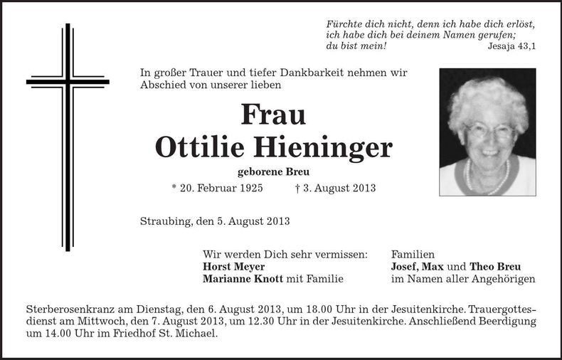 Traueranzeige Ottilie Hieninger