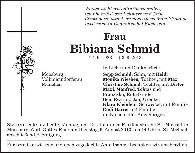 Traueranzeige Bibiana Schmid