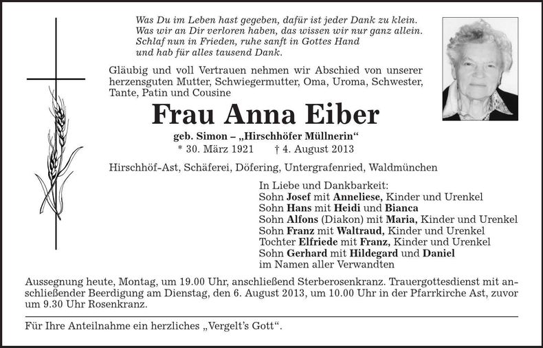 Traueranzeige Anna Eiber