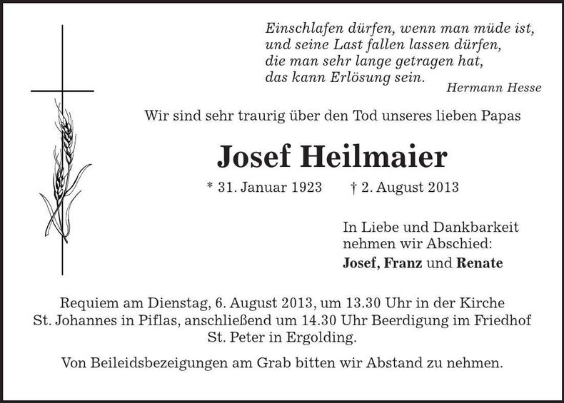 Traueranzeige Josef Heilmaier