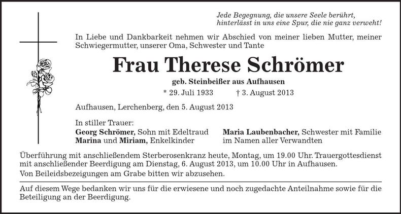 Traueranzeige Therese Schrömer