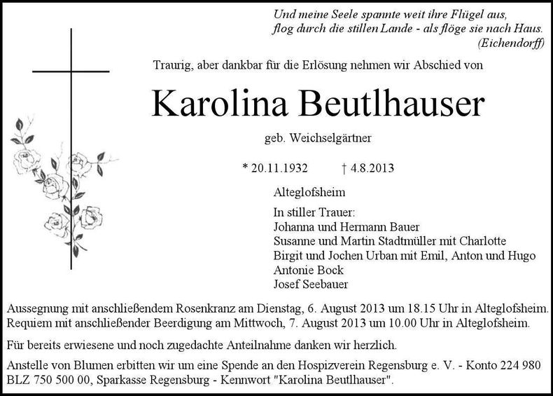Traueranzeige Karolina Beutlhauser