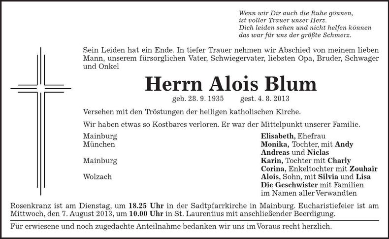 Traueranzeige Alois Blum