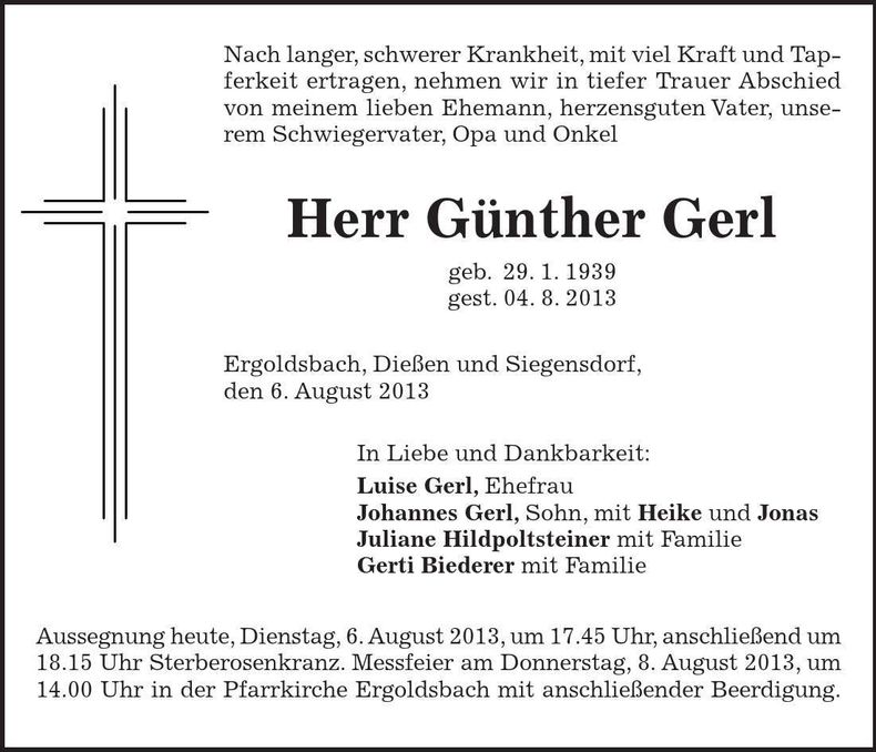 Traueranzeige Günther Gerl