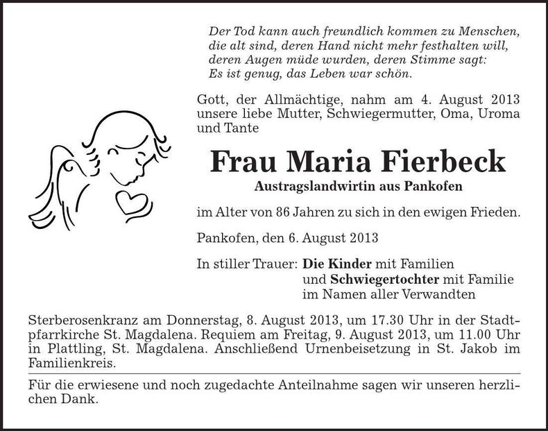 Traueranzeige Maria Fierbeck