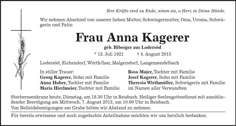 Traueranzeige Anna Kagerer