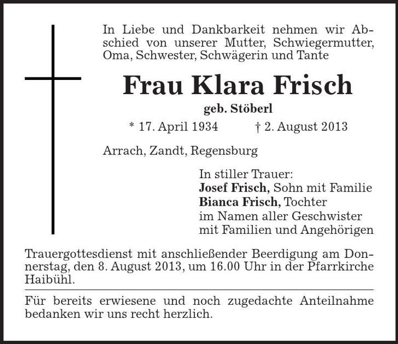 Traueranzeige Klara Frisch