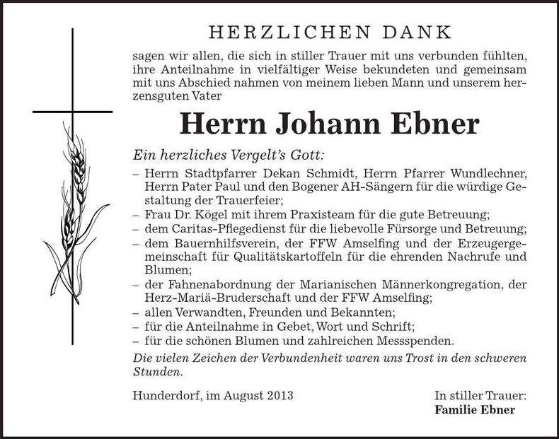 Traueranzeige Johann Ebner