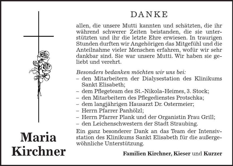 Traueranzeige Maria Kirchner