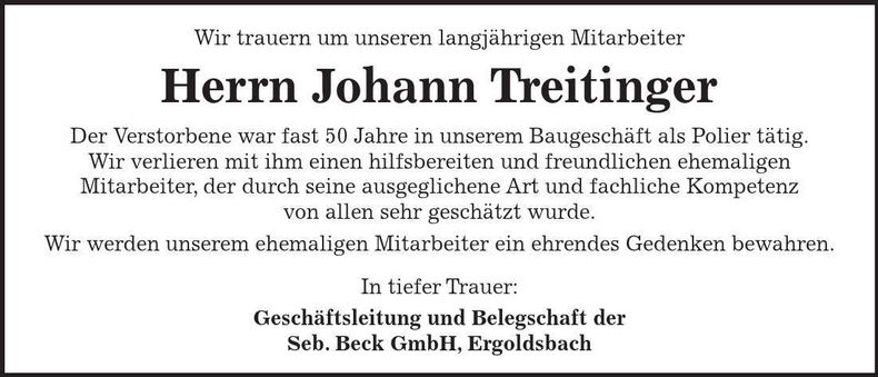 Traueranzeige Johann Treitinger