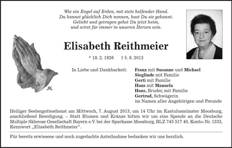 Traueranzeige Elisabeth Reithmeier