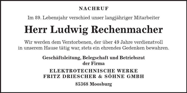 Traueranzeige Ludwig Rechenmacher