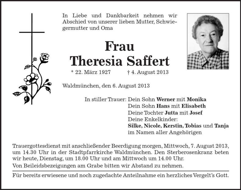 Traueranzeige Theresia Saffert