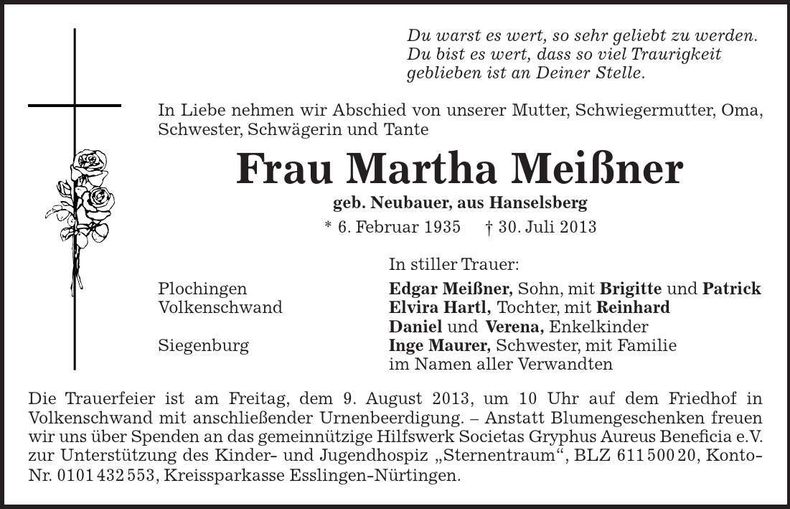 Traueranzeige Martha Meißner