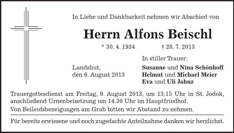 Traueranzeige Alfons Beischl