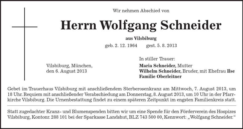 Traueranzeige Wolfgang Schneider