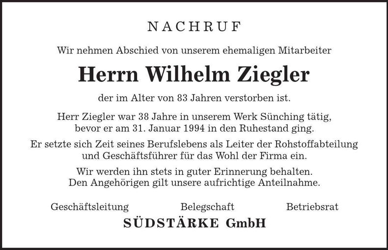 Traueranzeige Wilhelm Ziegler