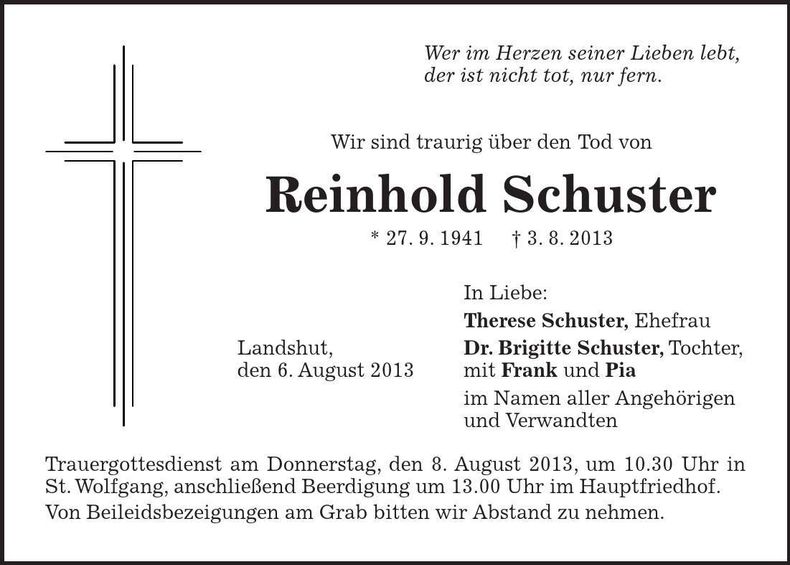 Traueranzeige Reinhold Schuster