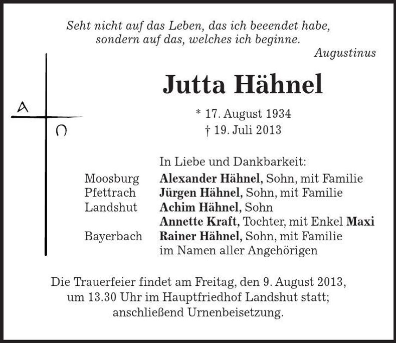 Traueranzeige Jutta Hähnel