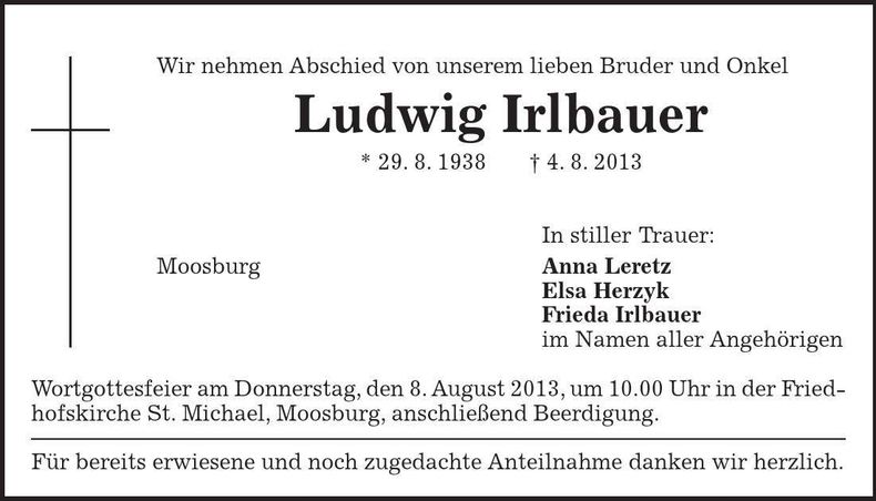 Traueranzeige Ludwig Irlbauer