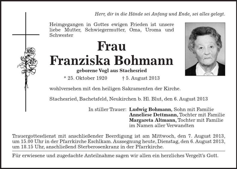 Traueranzeige Franziska Bohmann