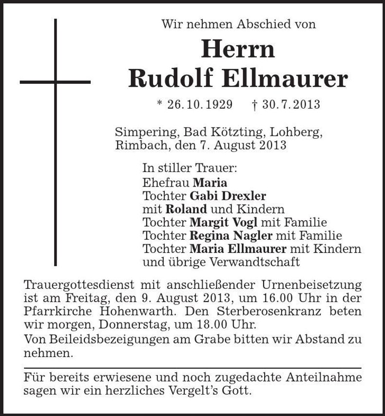 Traueranzeige Rudolf Ellmaurer