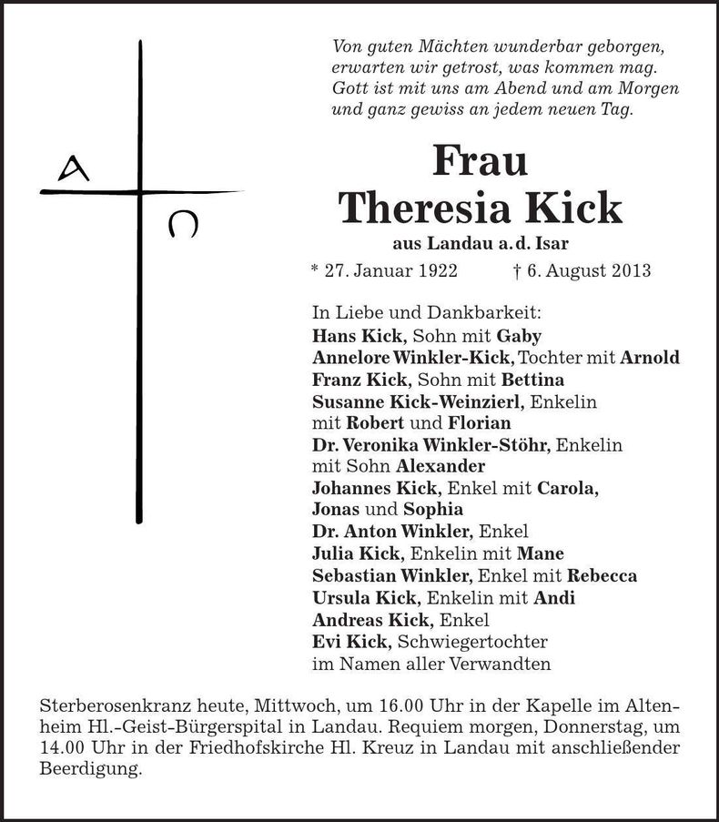 Traueranzeige Theresia Kick