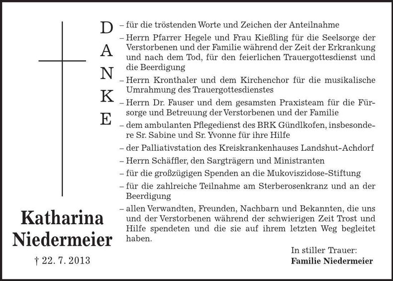 Traueranzeige Katharina Niedermeier