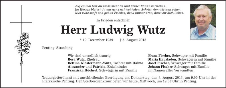 Traueranzeige Ludwig Wutz